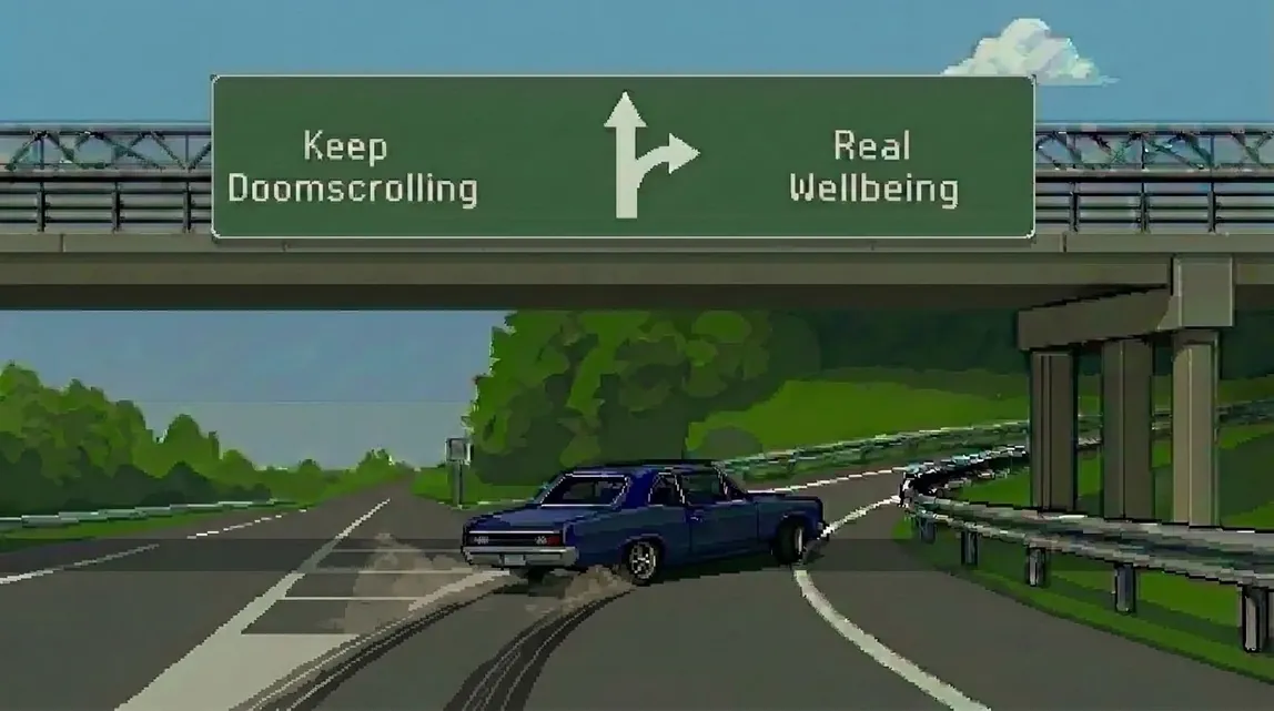Highway sign: Keep Doomscrolling straight ahead, or take the exit to Real Wellbeing